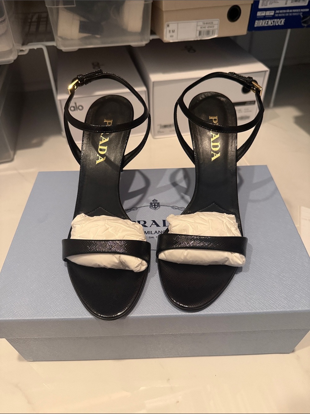 Prada Black Leather Strappy High-Heel Sandals